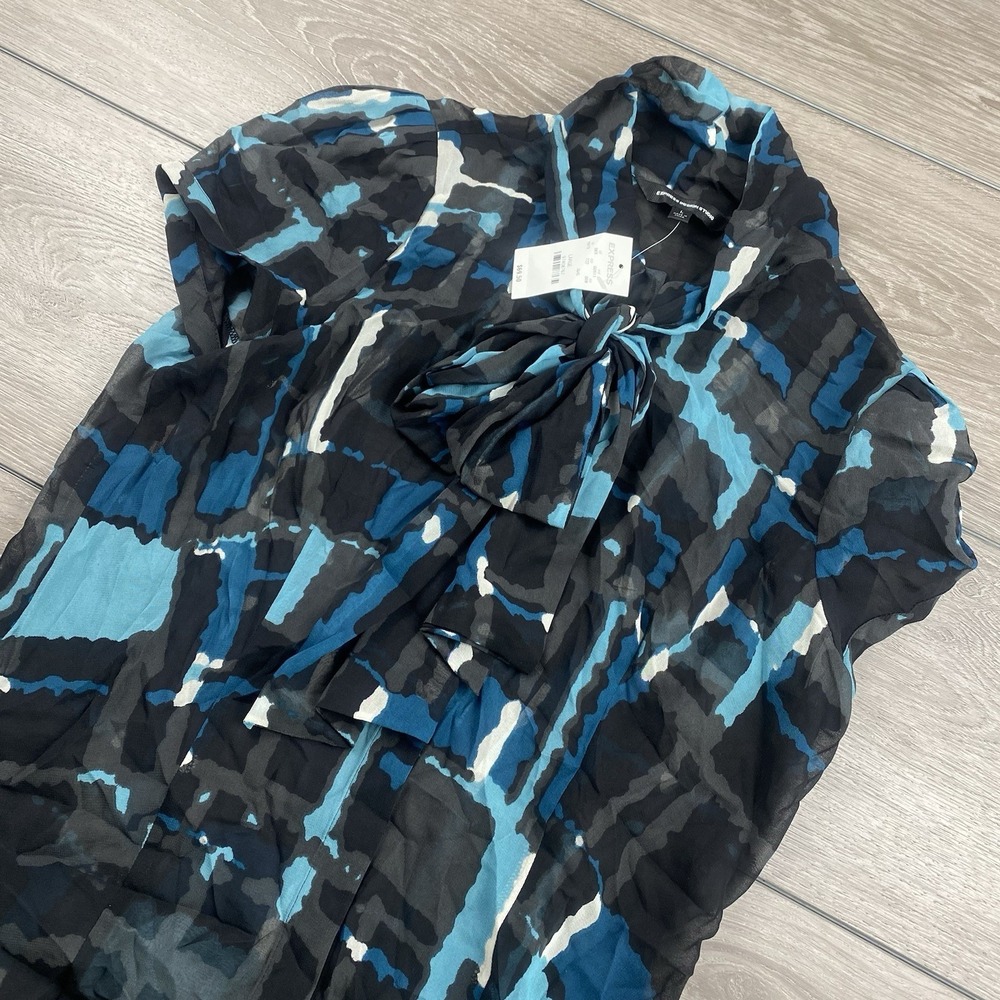 Express Women's 100%‎ Silk Sheer Short Sleeve Blouse Black Blue Geometric L New